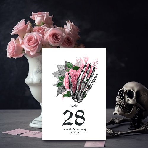 Pink Floral Skeleton Gothic Wedding Table Number