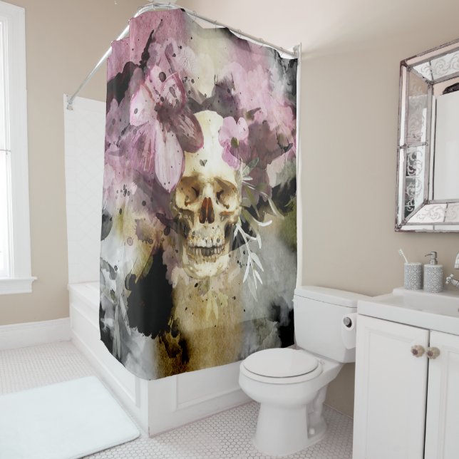 Pink Floral Skull Abstract Art Shower Curtain (In Situ)