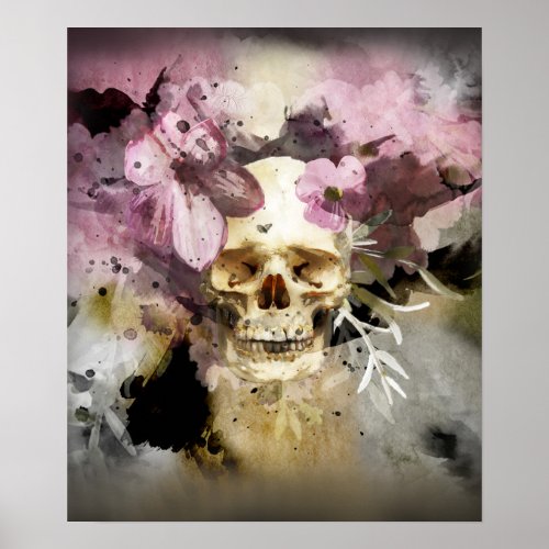 Pink Floral Skull Abstract Poster