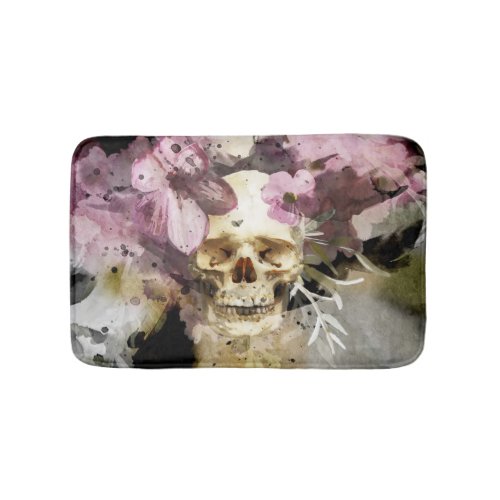 Pink Floral Skull Abstract Watercolor Bath Mat