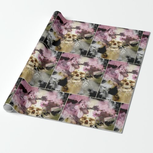 Pink Floral Skull Abstract Wrapping Paper