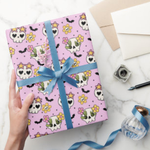 Pink Floral Skull And Bats Girly Halloween Wrapping Paper