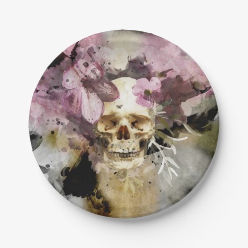 Pink Floral Skull Black Background Abstract Art Paper Plates