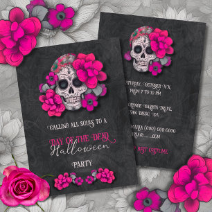 Pink Floral Skull Day of the Dead Halloween Invitation