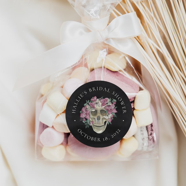 Pink Floral Skull Halloween Bridal Shower Favor Classic Round Sticker (Creator Uploaded)