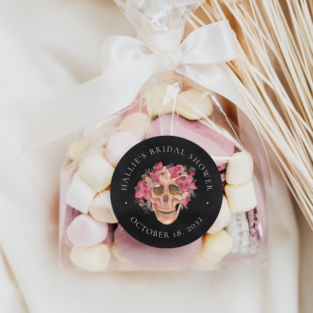 Pink Floral Skull Halloween Bridal Shower Favor Classic Round Sticker (Creator Uploaded)