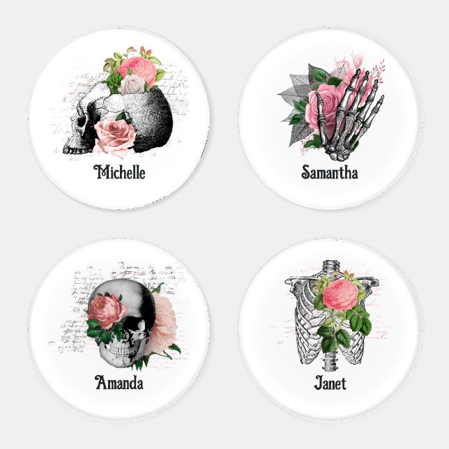 Pink Floral Skull Halloween Gothic Coaster Set (Set)