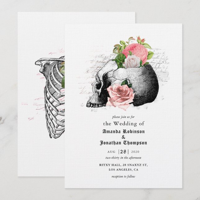 Pink Floral Skull Halloween Gothic Wedding Invitation (Front/Back)