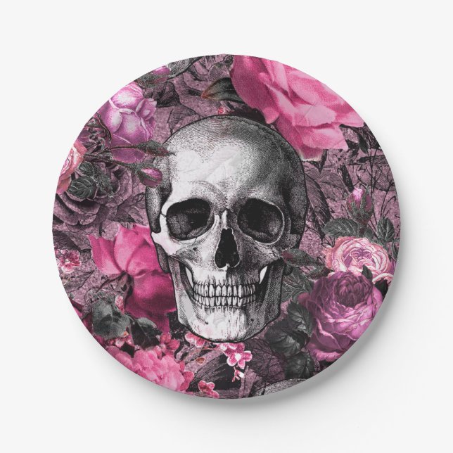 Pink Floral Skull Paper Plates (Front)