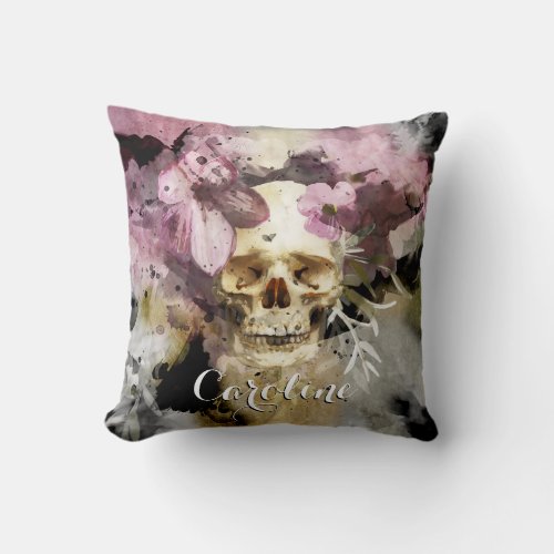 Pink Floral Skull Throw Pillow