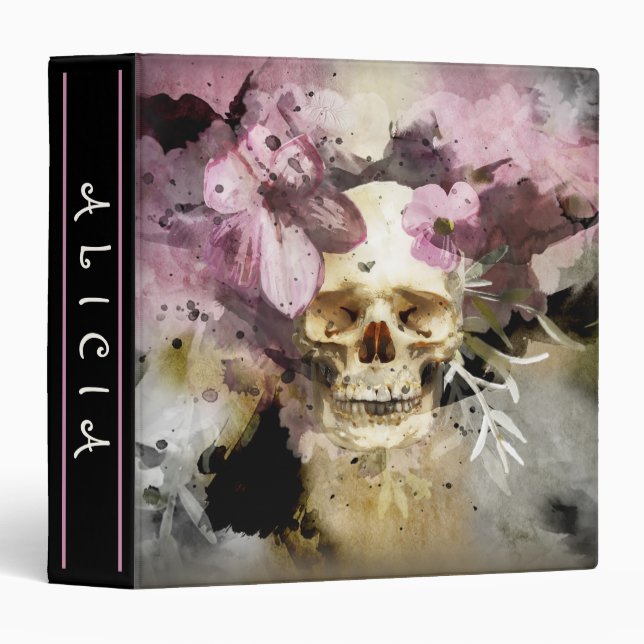 Pink Floral Skull Your First Name 3 Ring Binder (Front/Spine)