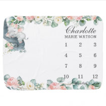 Pink Floral Sleeping Elephant Monthly Milestone Baby Blanket Pink Floral Sleeping Elephant Monthly Milestone Baby Blanket