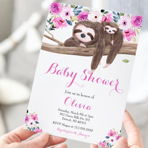 Pink Floral Sleepy Sloth and Baby Shower Invitation