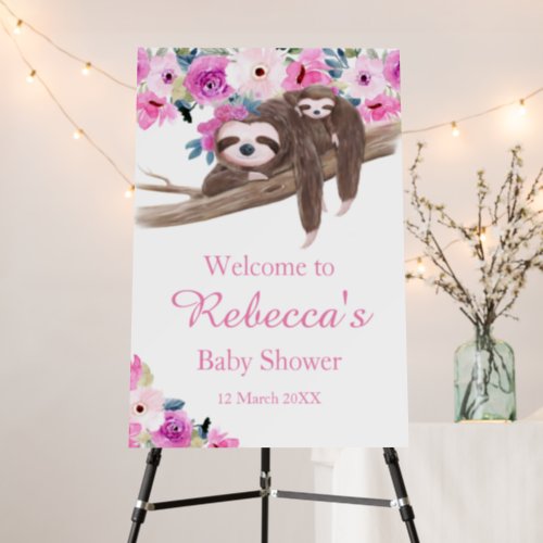 Pink Floral Sloth Baby Shower Welcome Sign