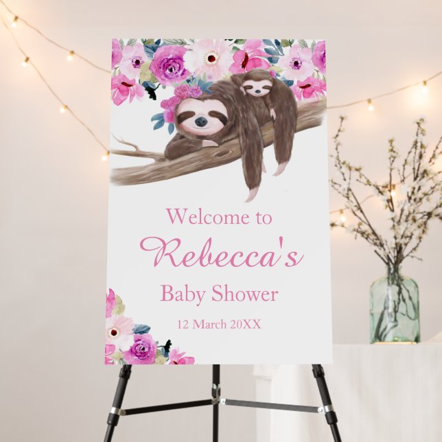 Pink Floral Sloth Baby Shower Welcome Sign (In Situ (Stand))