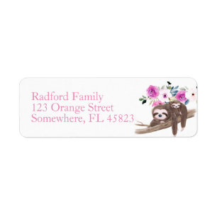 Pink Floral Sloth Return Address Label