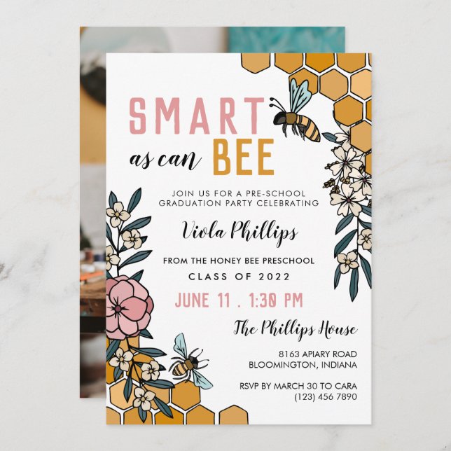 Pink Floral Smart As Can Bee Preschool Graduation Invitation (Front/Back)