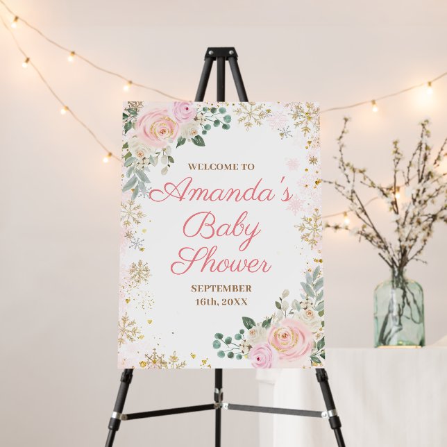 Pink Floral Snowflakes Winter Baby Shower Welcome Foam Board (In Situ (Stand))