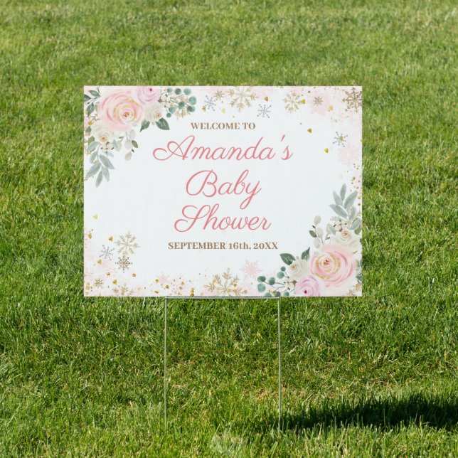 Pink Floral Snowflakes Winter Baby Shower Welcome Sign (Insitu)