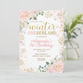 Pink Floral Snowflakes Winter Onederland Birthday  Invitation (Standing Front)