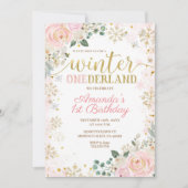 Pink Floral Snowflakes Winter Onederland Birthday  Invitation (Front)