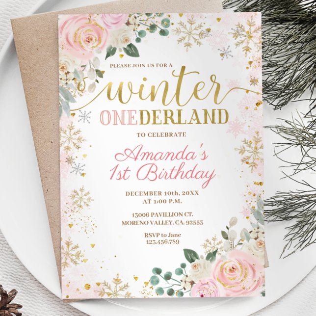 Pink Floral Snowflakes Winter Onederland Birthday  Invitation