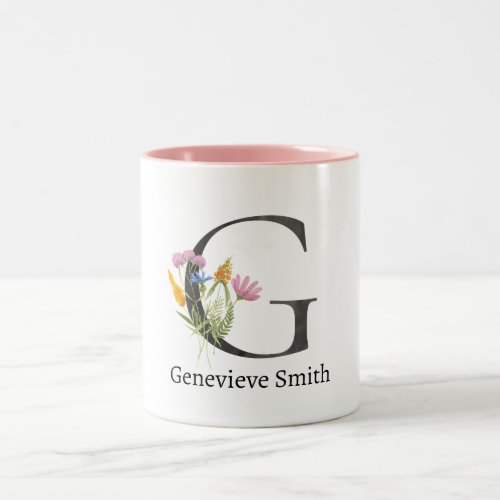  PINK FLORAL SOFT BLUSH  ALPHABETS NAME LETTER G Two_Tone COFFEE MUG