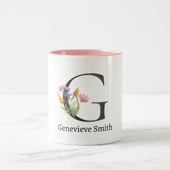 PINK FLORAL SOFT BLUSH  ALPHABETS NAME LETTER G Two-Tone COFFEE MUG (Center)