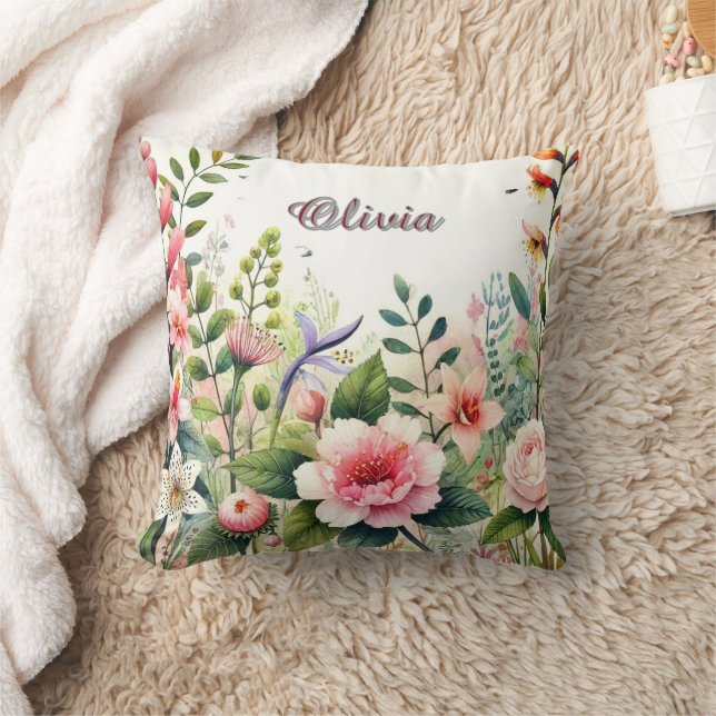 Pink Floral Soft Green Leaves Personalized  Throw Pillow (Blanket)
