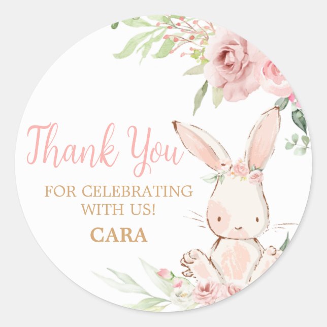 Pink Floral Some Bunny Birthday Party Classic Round Sticker (Front)