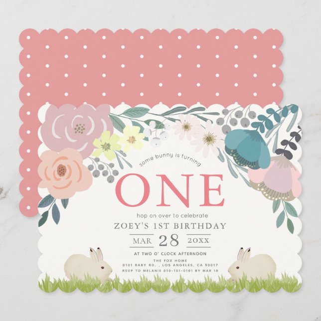 Pink Floral Some Bunny Girl 1st Birthday Invitation (Front/Back)