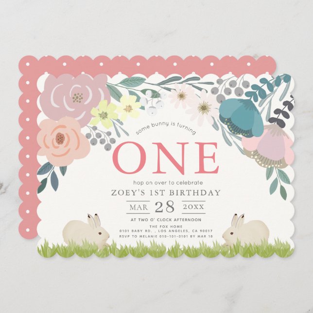 Pink Floral Some Bunny Girl 1st Birthday Invitation (Front/Back)