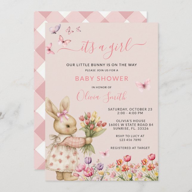 Pink Floral Some Bunny Is On The Way Baby Shower Invitation (Front/Back)