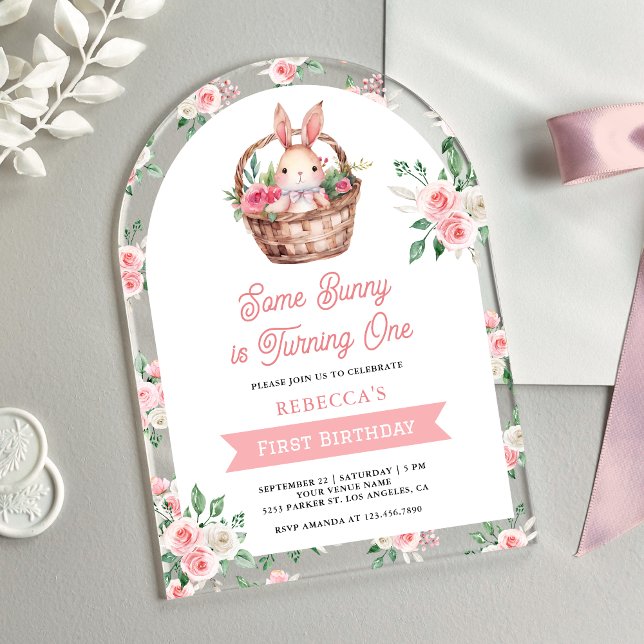 Pink Floral Some Bunny is Turning One 1st Birthday Acrylic Invitations (Creator Uploaded)
