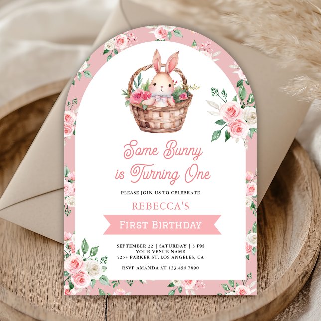 Pink Floral Some Bunny is Turning One 1st Birthday Invitation (Creator Uploaded)