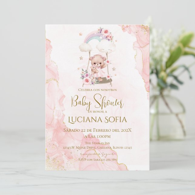 Pink floral Spanish Baby Shower Girl invitation (Standing Front)