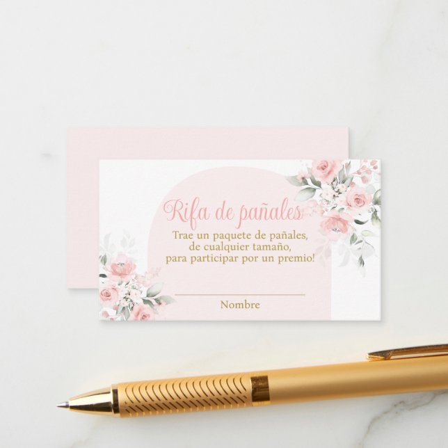 Pink Floral Spanish Diaper Raffle Baby Shower Girl Enclosure Card (Front/Back In Situ)