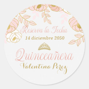 Pink Floral Spanish Quinceanera Reserva la Fecha Classic Round Sticker
