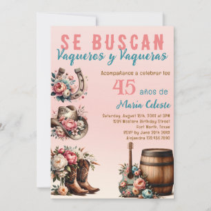 Pink Floral Spanish Western Cowboy 45th Birthday Invitation
