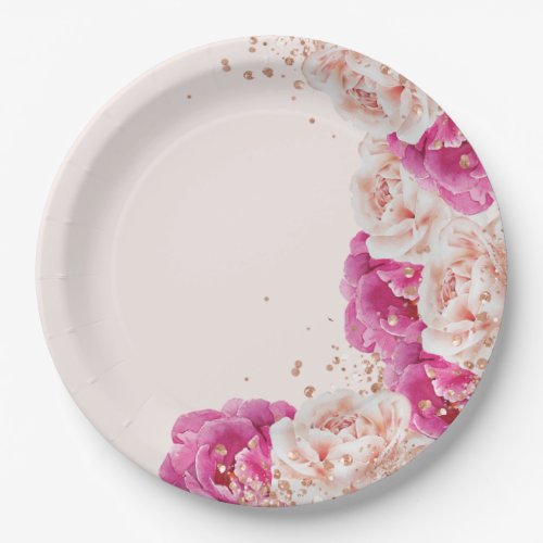 Pink Floral Sparkly Bridal Shower Paper Plate