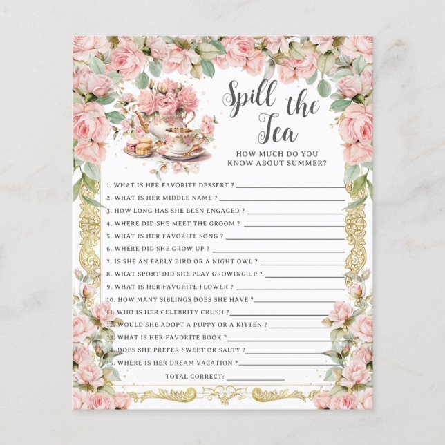 Pink Floral Spill the Tea Bridal Shower Game (Front)