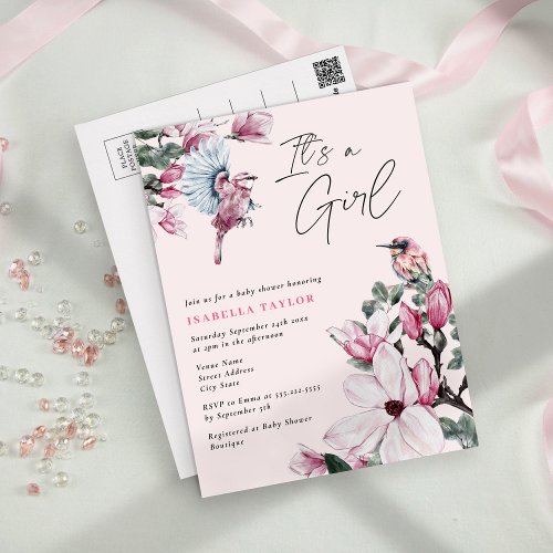 Pink Floral  Spring Birds Budget Bridal Shower In Invitation Postcard