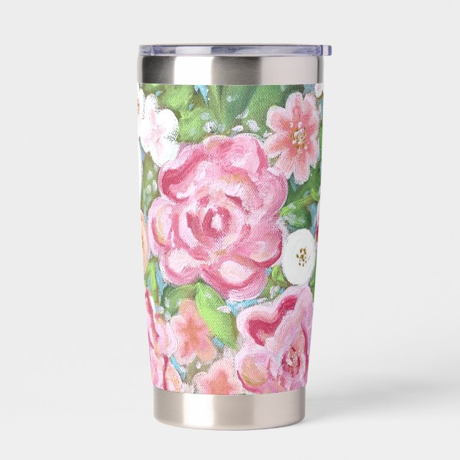 Pink Floral Spring Blooms Insulated Tumbler Mug (Left)