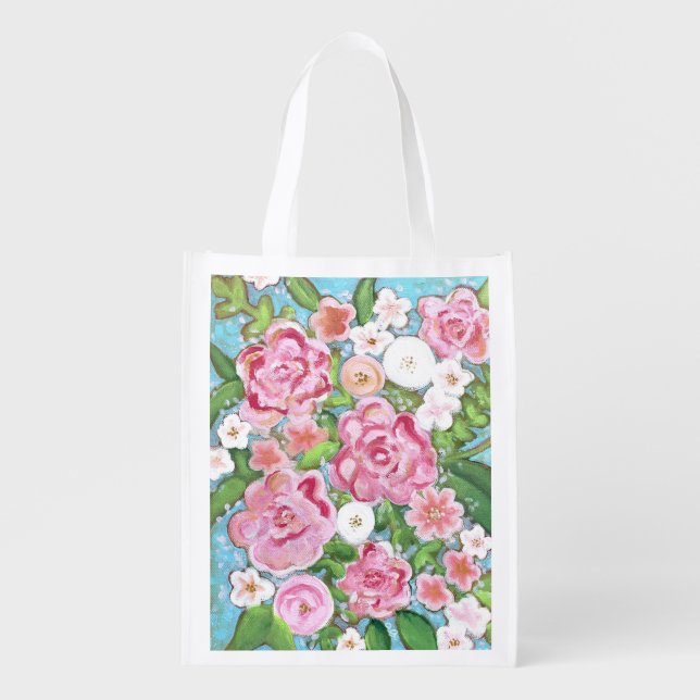 Pink Floral Spring Blooms Reusable Grocery Bag (Front)