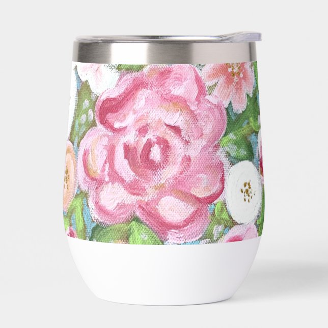 Pink Floral Spring Blooms Thermal Wine Tumbler (Left)