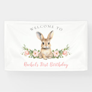 Pink Floral Spring Bunny Welcome 1st Birthday Banner