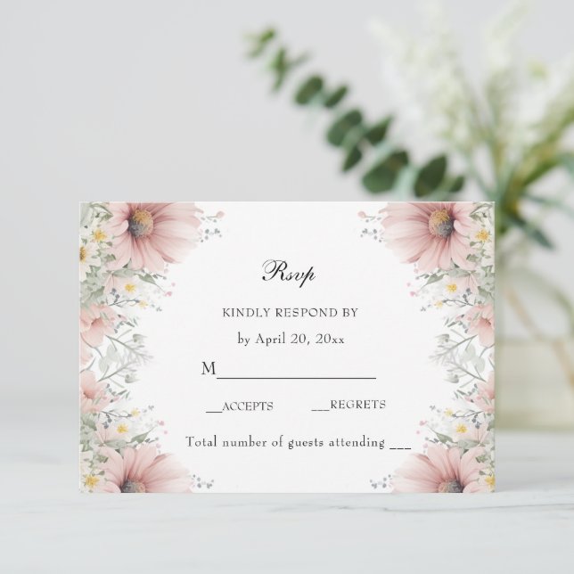 Pink Floral Spring Pastel Wild Flowers RSVP Card (Standing Front)