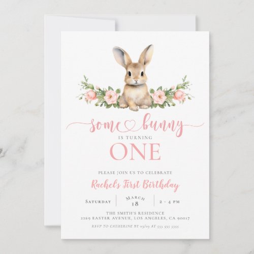 Pink Floral Spring Rabbit Some Bunny 1st Birthday Invitation
