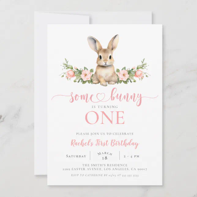 Pink Floral Spring Rabbit Some Bunny 1st Birthday Invitation | Zazzle