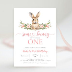 Pink Floral Spring Rabbit Some Bunny 1st Birthday Invitation
